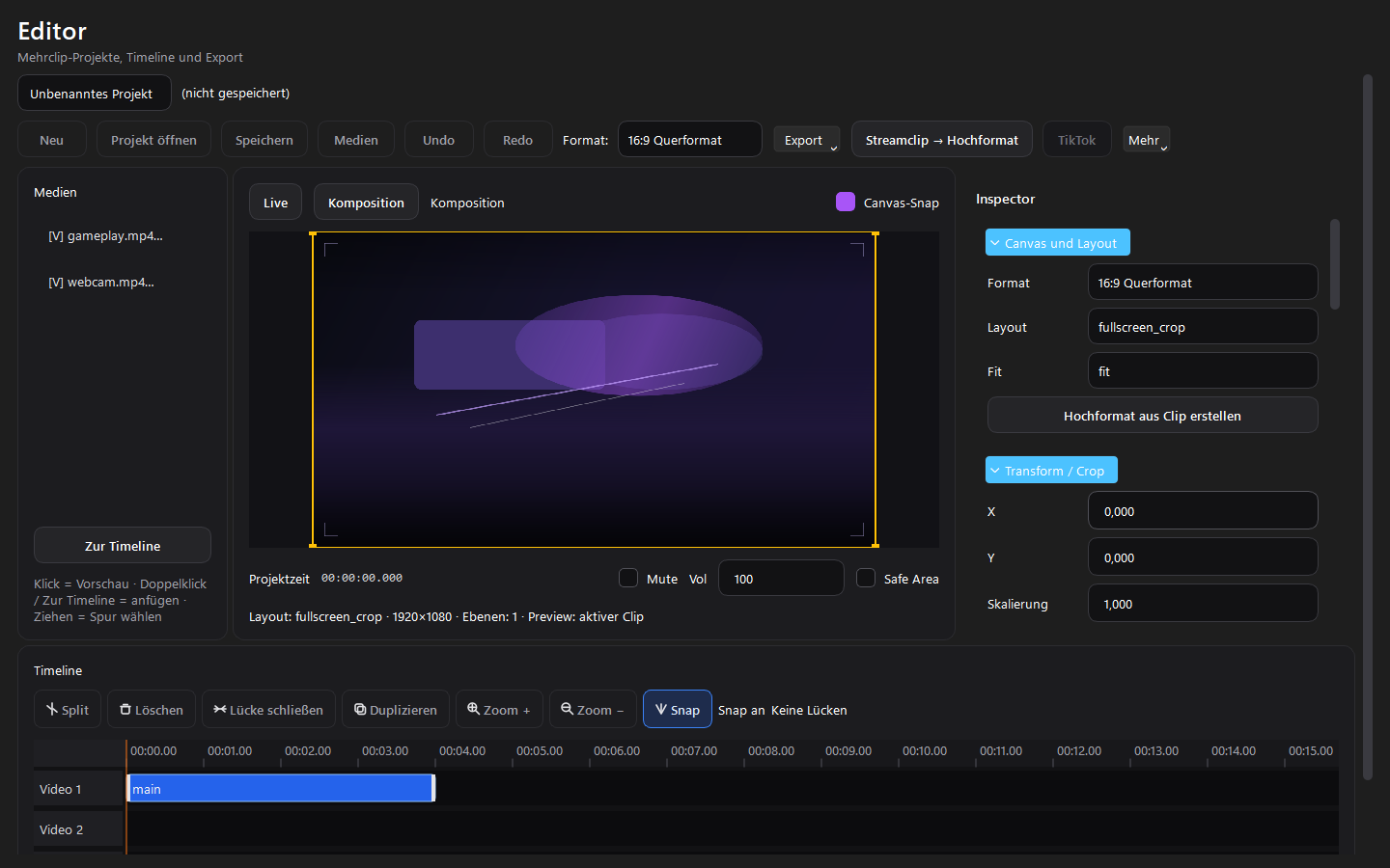 Projekt-Editor: Medien-Bin, Canvas, Inspector und Timeline mit Kompositionsvorschau.