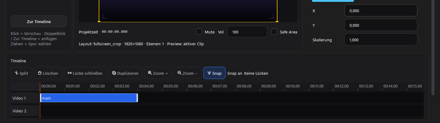 Projekt-Editor Timeline mit Video-1-Spur.